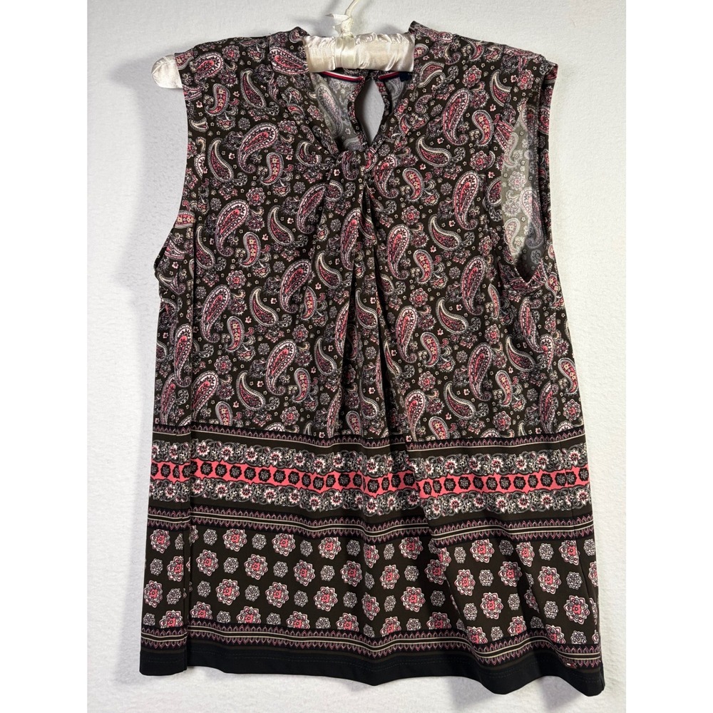 Tommy Hilfiger Sleeveless Top Women Large Pink Paisley Excellent Keyhole Blouse
